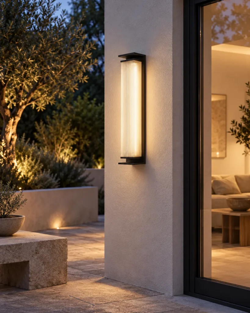 Applique XEDA, colonna LED con diffusore rigato, 4 dimensioni – accanto a una porta vetrata sulla terrazza, luce serale