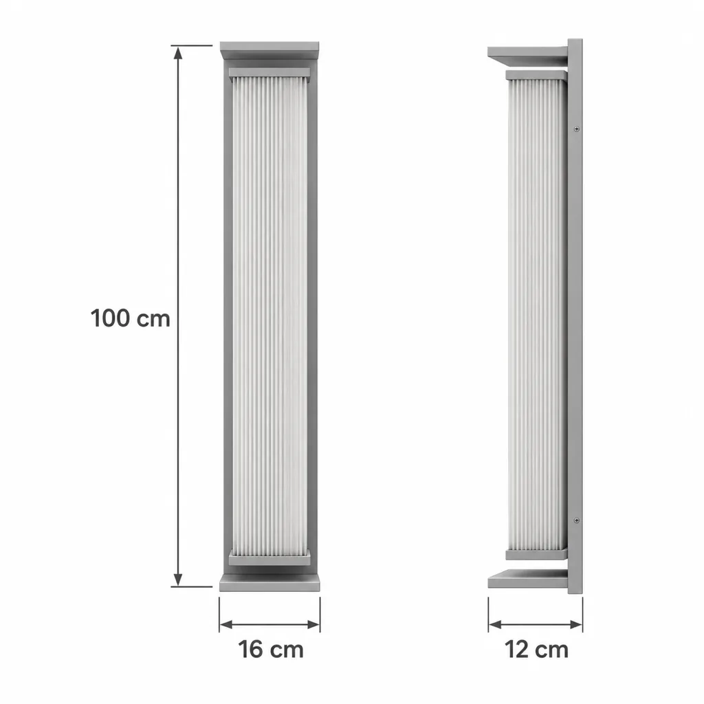 Applique XEDA, colonna LED con diffusore rigato, 4 dimensioni – disegno tecnico con misure, 100 x 16 x 12 cm