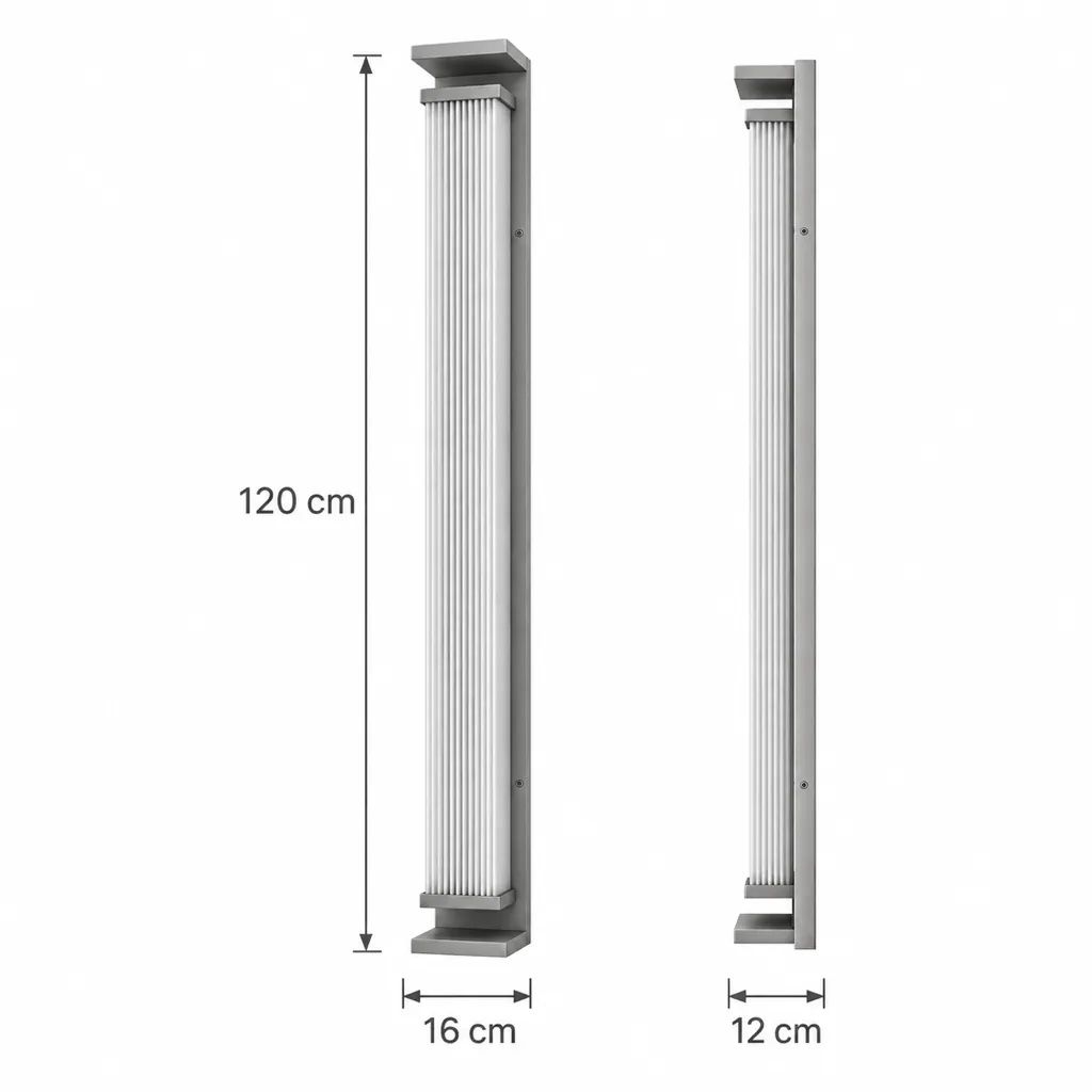 Applique XEDA, colonna LED con diffusore rigato, 4 dimensioni – disegno tecnico con misure, 120 x 16 x 12 cm