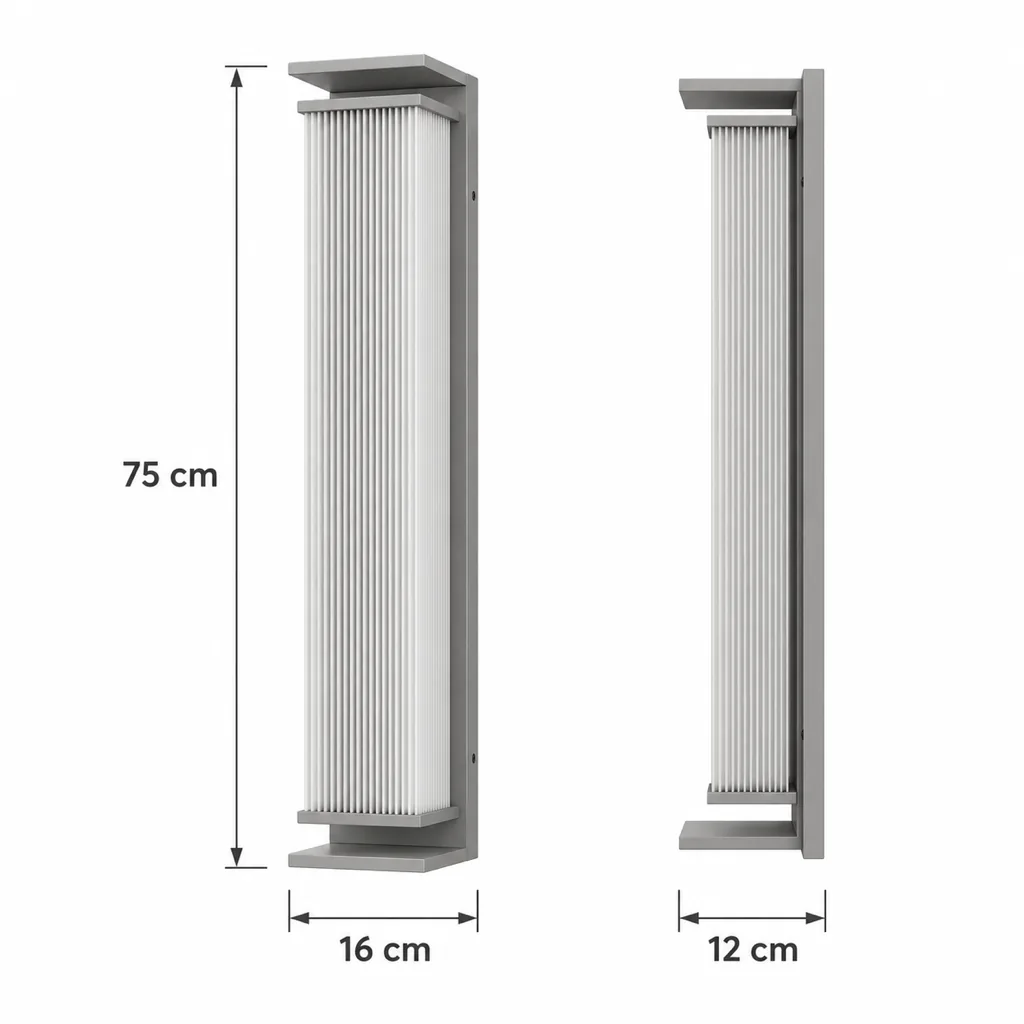 Applique XEDA, colonna LED con diffusore rigato, 4 dimensioni – disegno tecnico con misure, 75 x 16 x 12 cm
