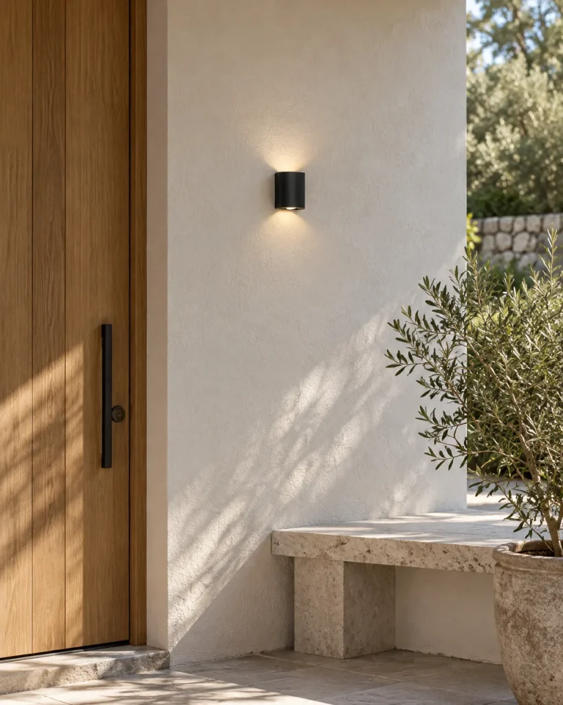 Applique NOSCA, LED up & down in alluminio, 6 larghezze – accanto a una porta in rovere su intonaco chiaro, luce diurna