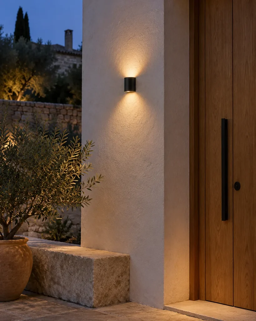 Applique NOSCA, LED up & down in alluminio, 6 larghezze – accanto a una porta in rovere su intonaco chiaro, luce serale