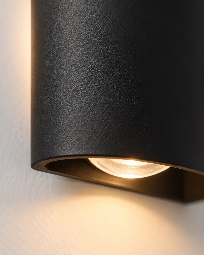 Applique NOSCA, LED up & down in alluminio, 6 larghezze – dettaglio dell'alluminio nero e dell'apertura inferiore