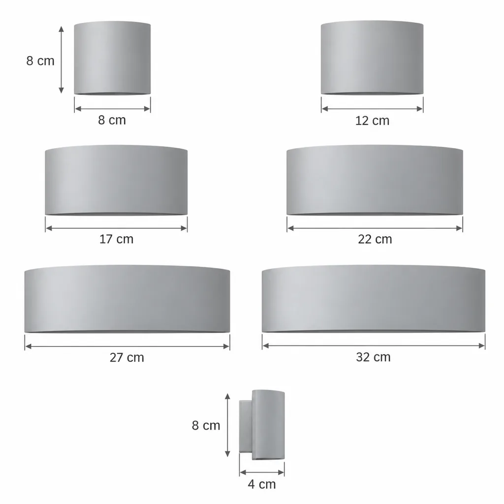 Applique NOSCA, LED up & down in alluminio, 6 larghezze – disegno tecnico, larghezze 8–32 cm, altezza 8 cm, profondità 4 cm