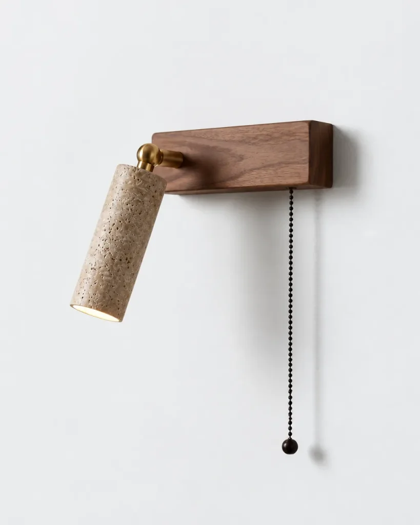 Wandlampe TALOS, Leseleuchte mit Travertin-Spot und Holzplatte – Travertin, Spot links, Produktfoto