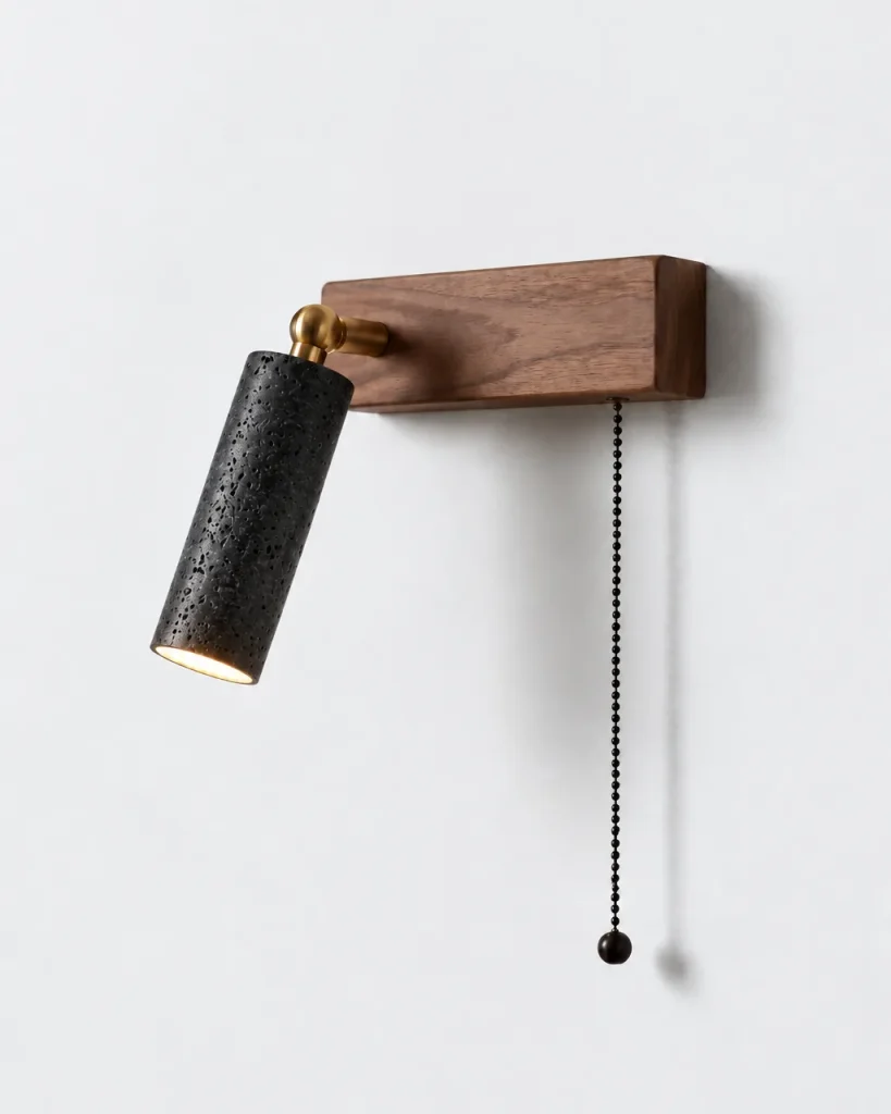 Wandlampe TALOS, Leseleuchte mit Travertin-Spot und Holzplatte – Schwarzer Travertin, Spot links, Produktfoto