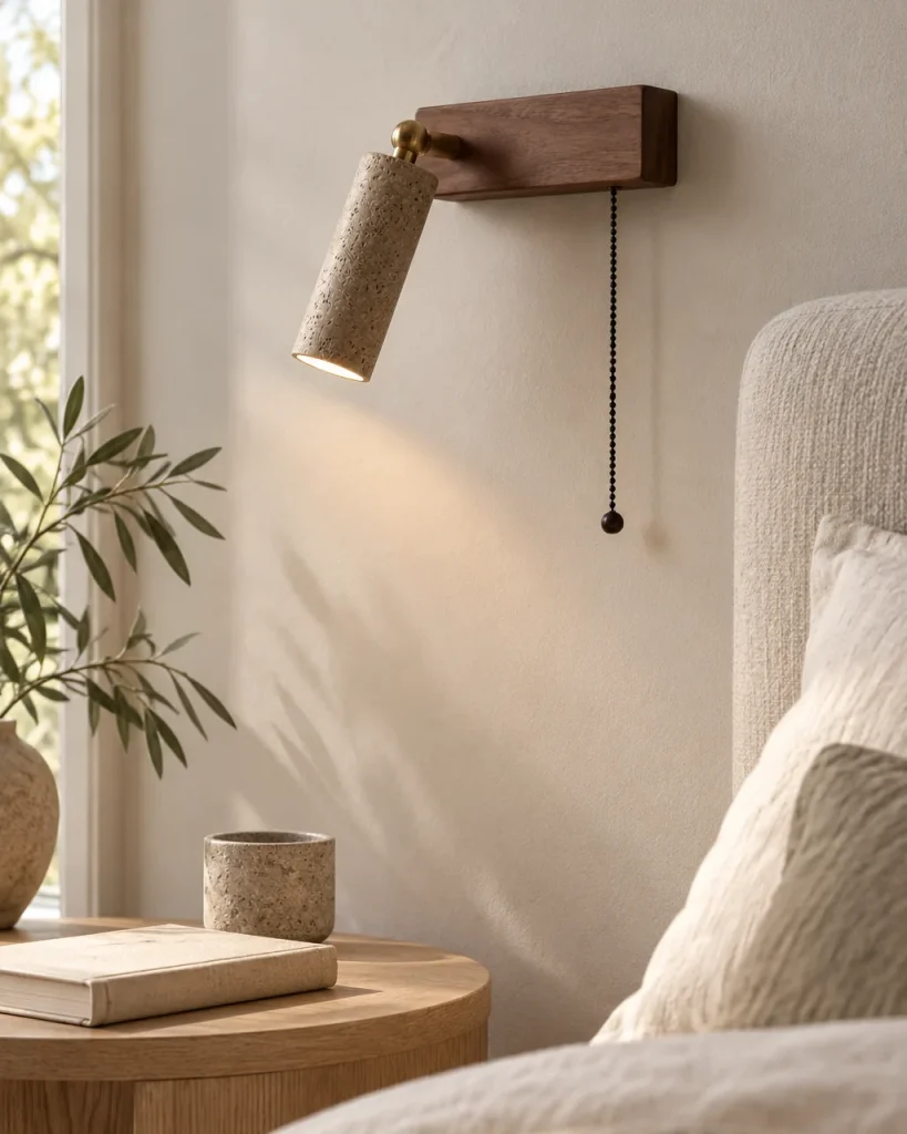 Wandlampe TALOS, Leseleuchte mit Travertin-Spot und Holzplatte – im Schlafzimmer neben dem Bett, Tageslicht
