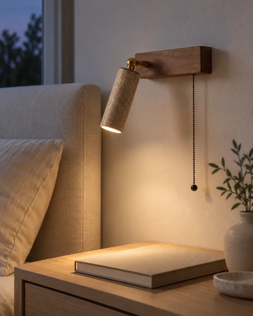 Wandlampe TALOS, Leseleuchte mit Travertin-Spot und Holzplatte – im Schlafzimmer über dem Nachttisch mit Buch, Abendlicht