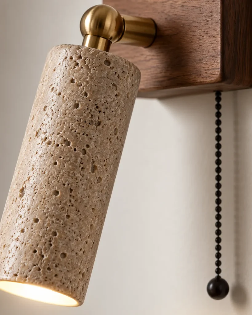 Wandlampe TALOS, Leseleuchte mit Travertin-Spot und Holzplatte – Detailansicht der Travertinporen und des goldfarbenen Gelenks