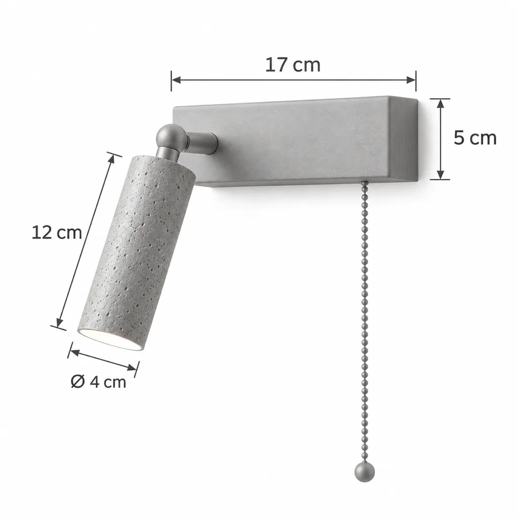 Wandlampe TALOS, Leseleuchte mit Travertin-Spot und Holzplatte – Masszeichnung Platte 17 × 5 cm, Spot 12 cm, Ø 4 cm