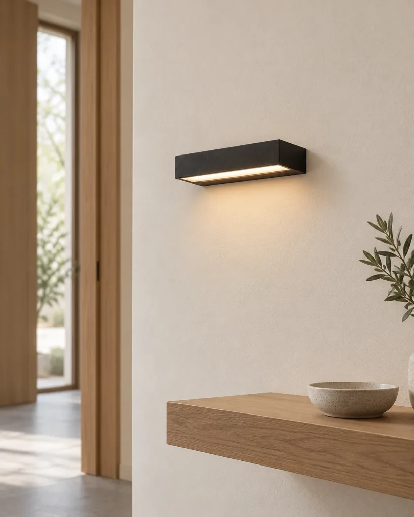 Wandlampe CHESTER, Lineare LED-Wandleuchte aus Aluminium – im Flur über einem Wandregal aus Holz, Tageslicht