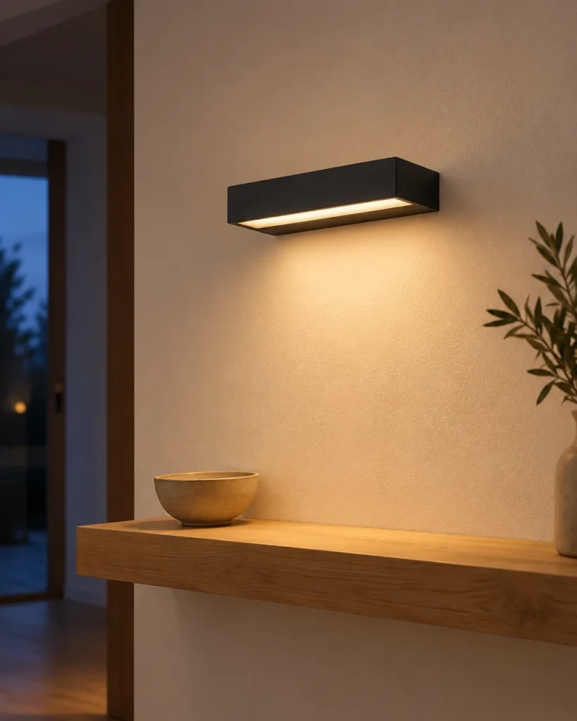 Wandlampe CHESTER, Lineare LED-Wandleuchte aus Aluminium – im Flur über einem Wandregal aus Holz, Abendlicht
