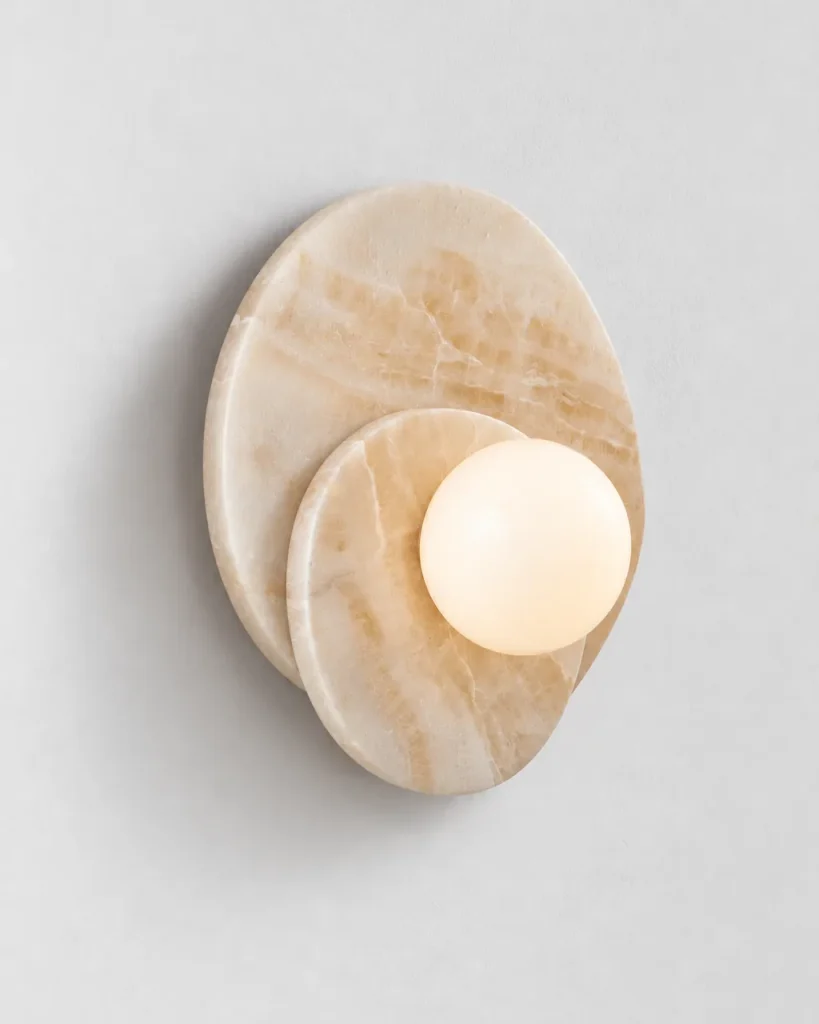 Wandlampe DARFE, zwei Steinscheiben mit Opalkugel – Alabaster, Produktfoto