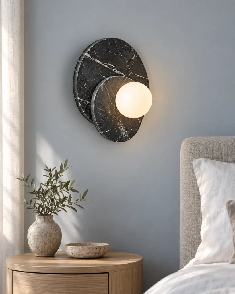 Wandlampe DARFE, zwei Steinscheiben mit Opalkugel – im Schlafzimmer über dem Nachttisch, Tageslicht