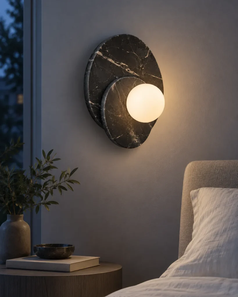 Wandlampe DARFE, zwei Steinscheiben mit Opalkugel – im Schlafzimmer über dem Nachttisch, Abendlicht