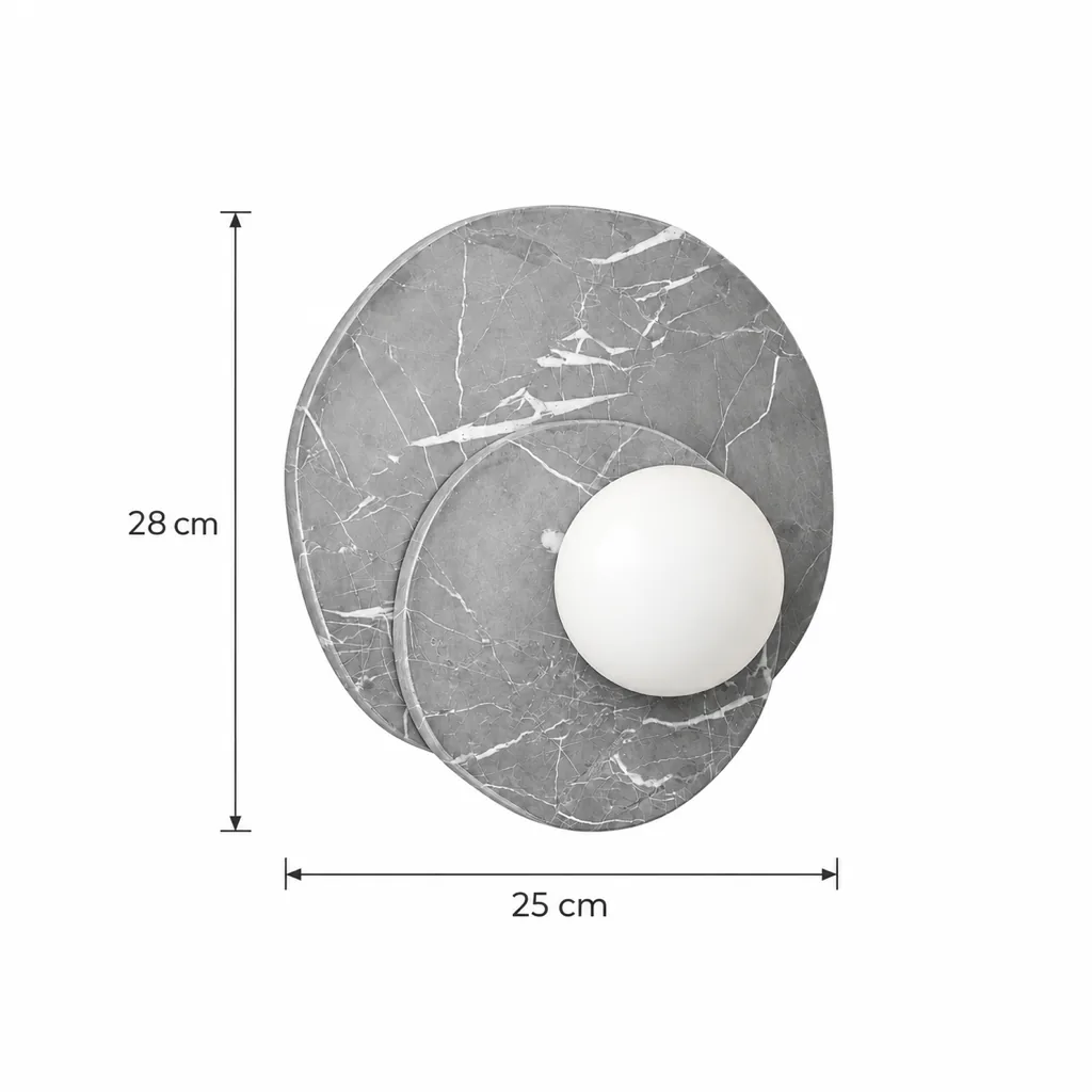 Wandlampe DARFE, zwei Steinscheiben mit Opalkugel – Masszeichnung 25 × 28 cm