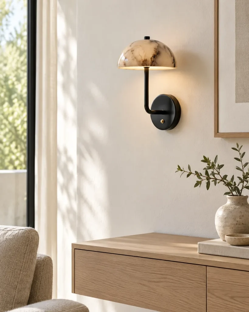 Applique SANO, cupola in marmo su braccio curvo, LED – in soggiorno sopra una consolle in rovere, luce diurna