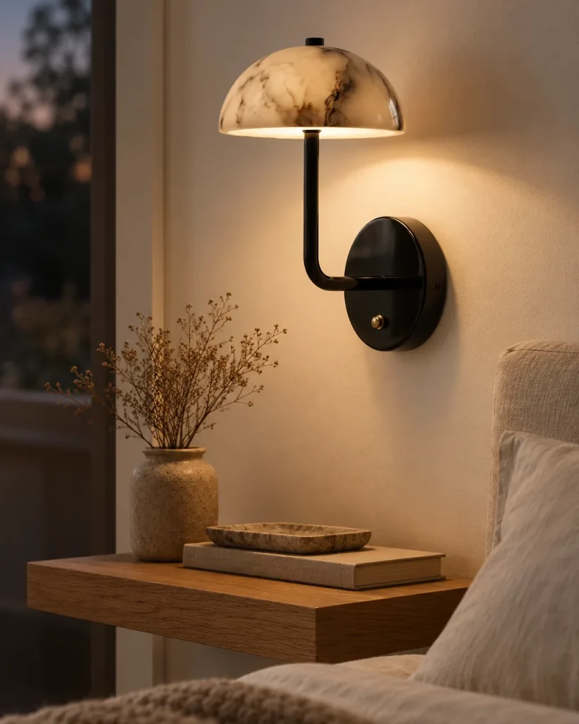 Applique SANO, cupola in marmo su braccio curvo, LED – in camera da letto sopra il ripiano da comodino, luce serale