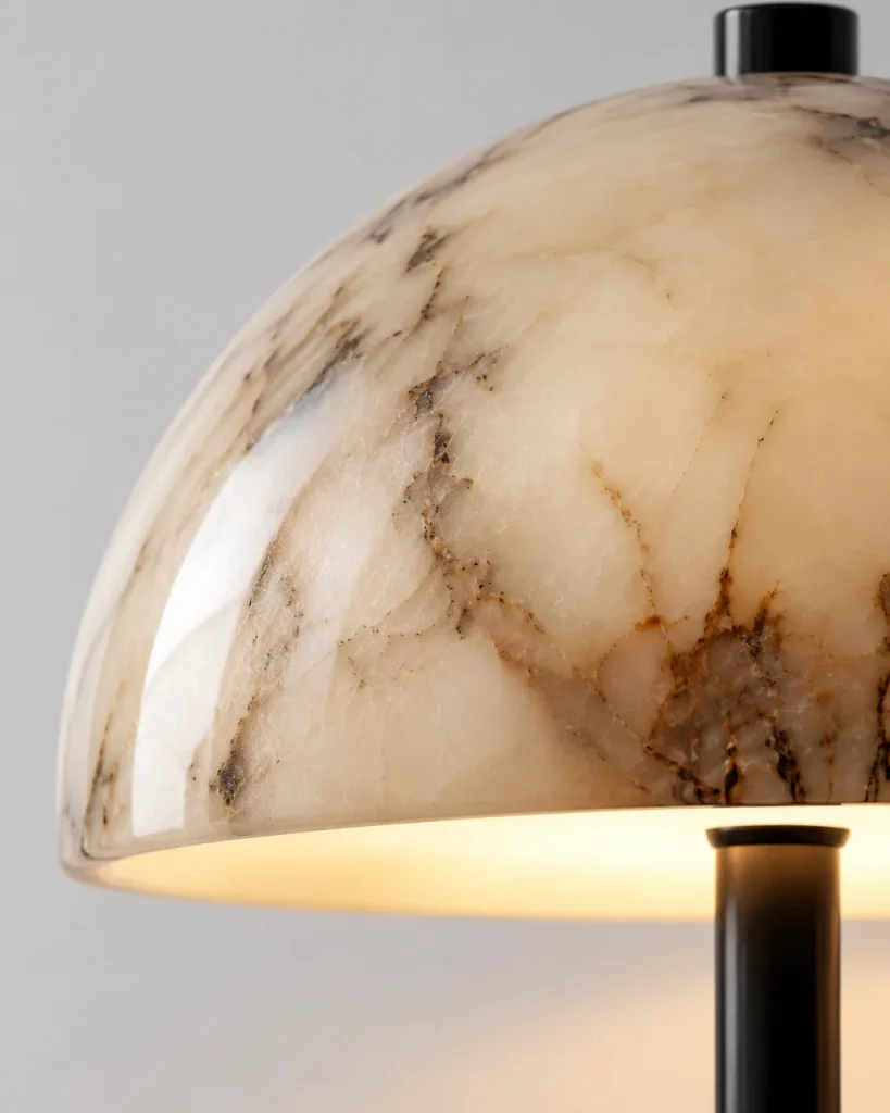 Applique SANO, cupola in marmo su braccio curvo, LED – dettaglio delle venature del marmo e del bordo lucidato