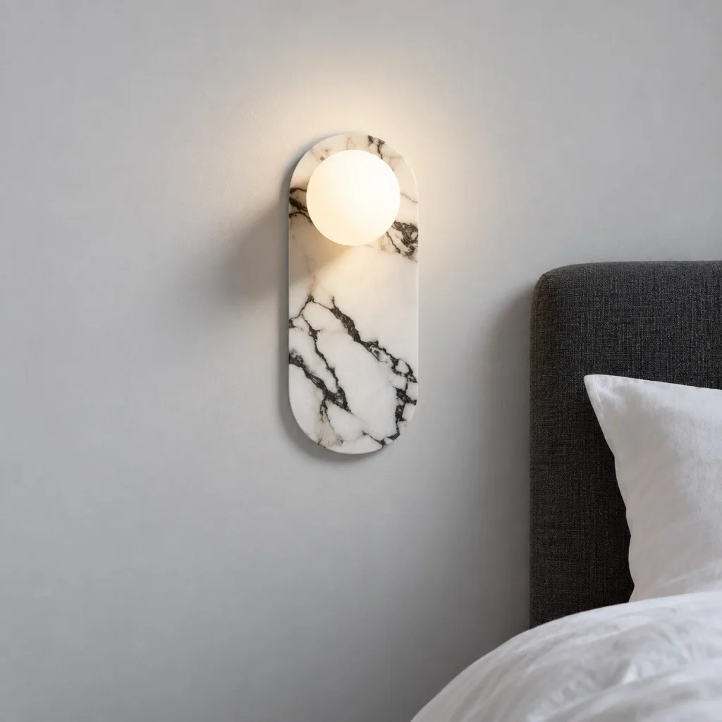 Wandlampe ZAVO, Marmorplatte mit opalen Glaskugeln – Abendambiente
