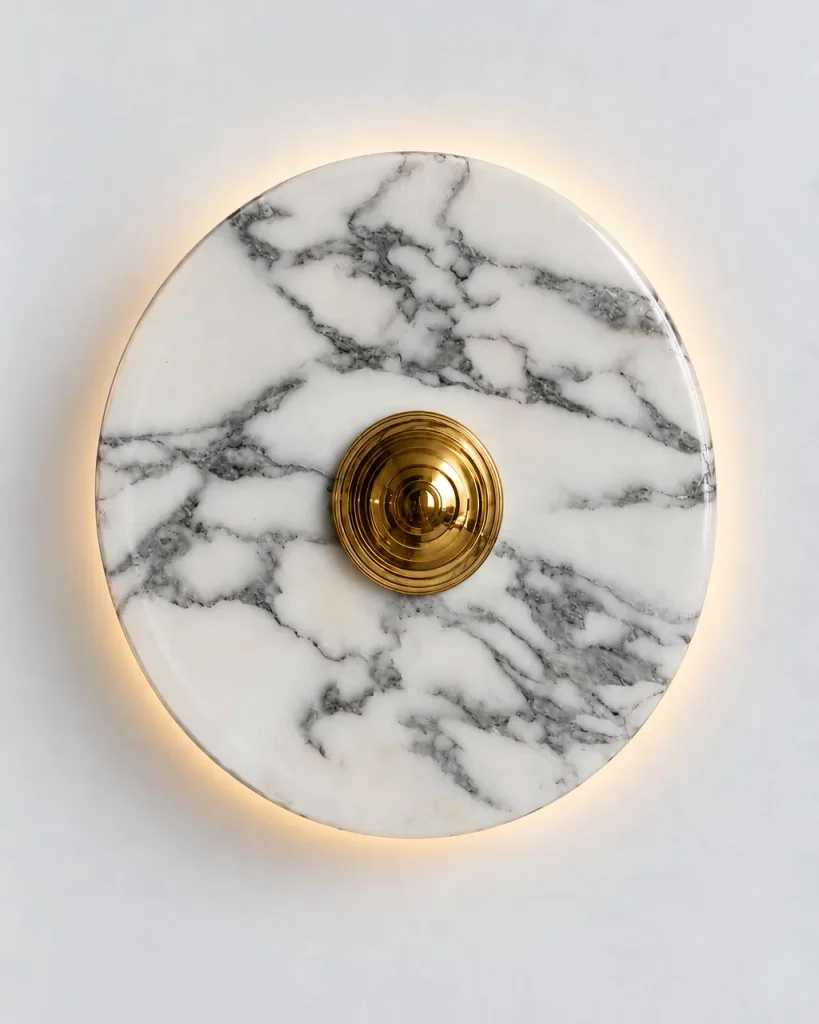 Wandlampe MINA, Runde Scheibe aus weissem Marmor – Gold, Produktfoto