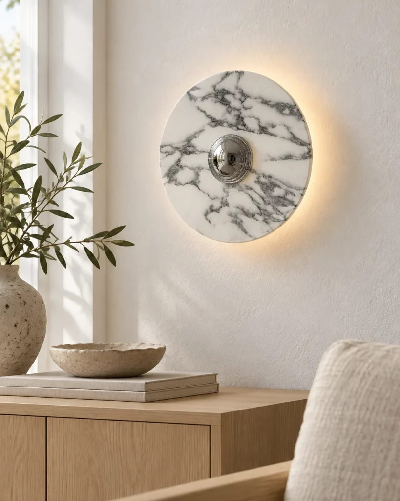 Wandlampe MINA, Runde Scheibe aus weissem Marmor – in der Leseecke über einem Eichensideboard, Tageslicht