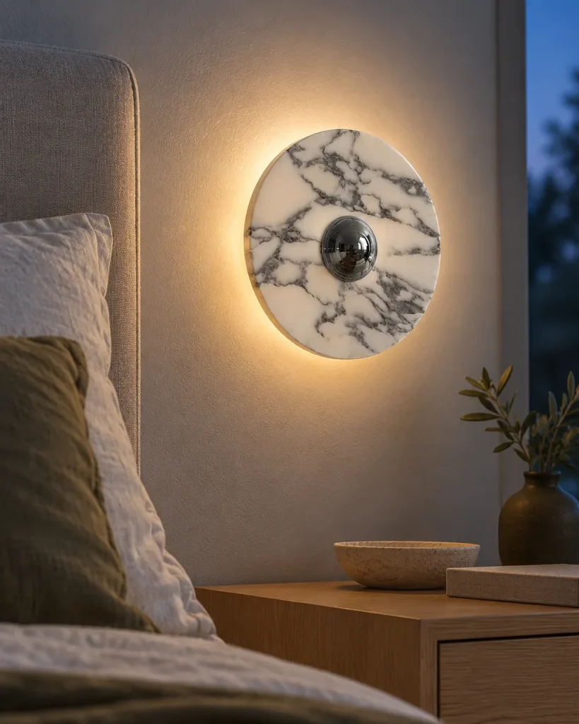 Wandlampe MINA, Runde Scheibe aus weissem Marmor – im Schlafzimmer neben dem Bett, Abendlicht
