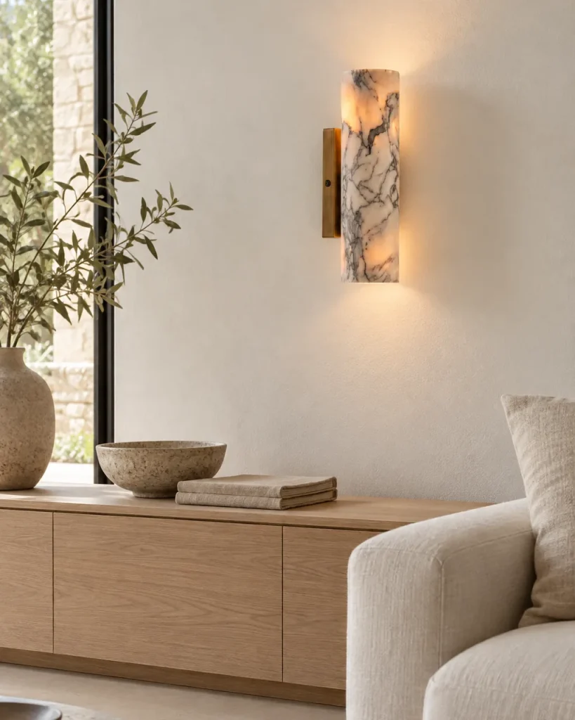 Applique PACHO, cilindro in marmo su supporto in ottone, up & down – in soggiorno, luce diurna