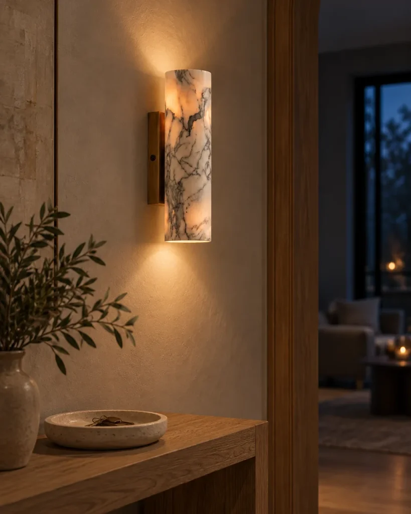 Applique PACHO, cilindro in marmo su supporto in ottone, up & down – all'ingresso, luce serale