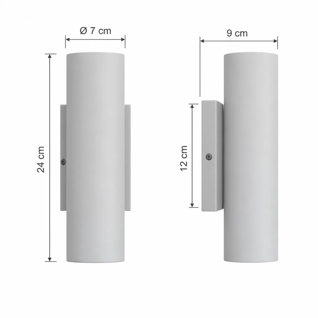 Applique PACHO, cilindro in marmo su supporto in ottone, up & down – disegno tecnico, A 24 cm, Ø 7 cm, sporgenza 9 cm