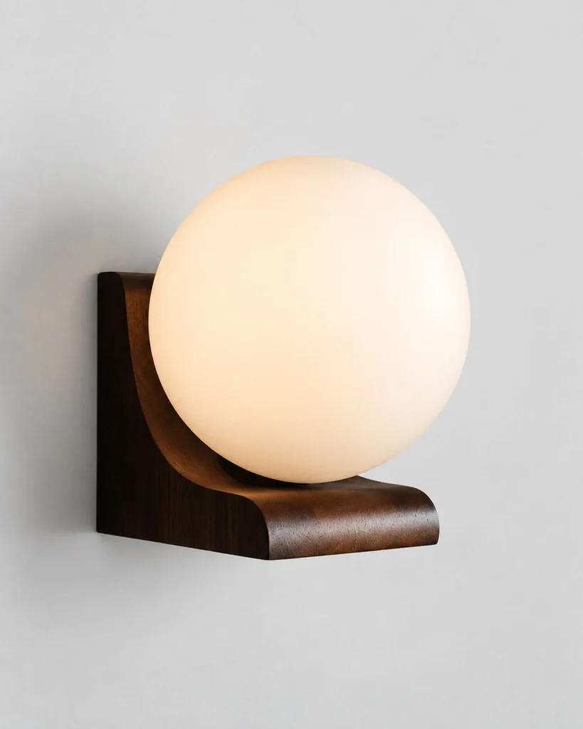 Wandlampe DOUAN, gebogenes Holz mit matter Glaskugel – Standard, Produktfoto