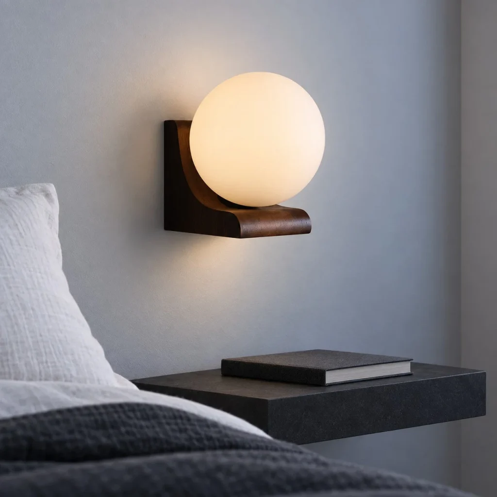 Wandlampe DOUAN, gebogenes Holz mit matter Glaskugel – Beleuchtung am Abend
