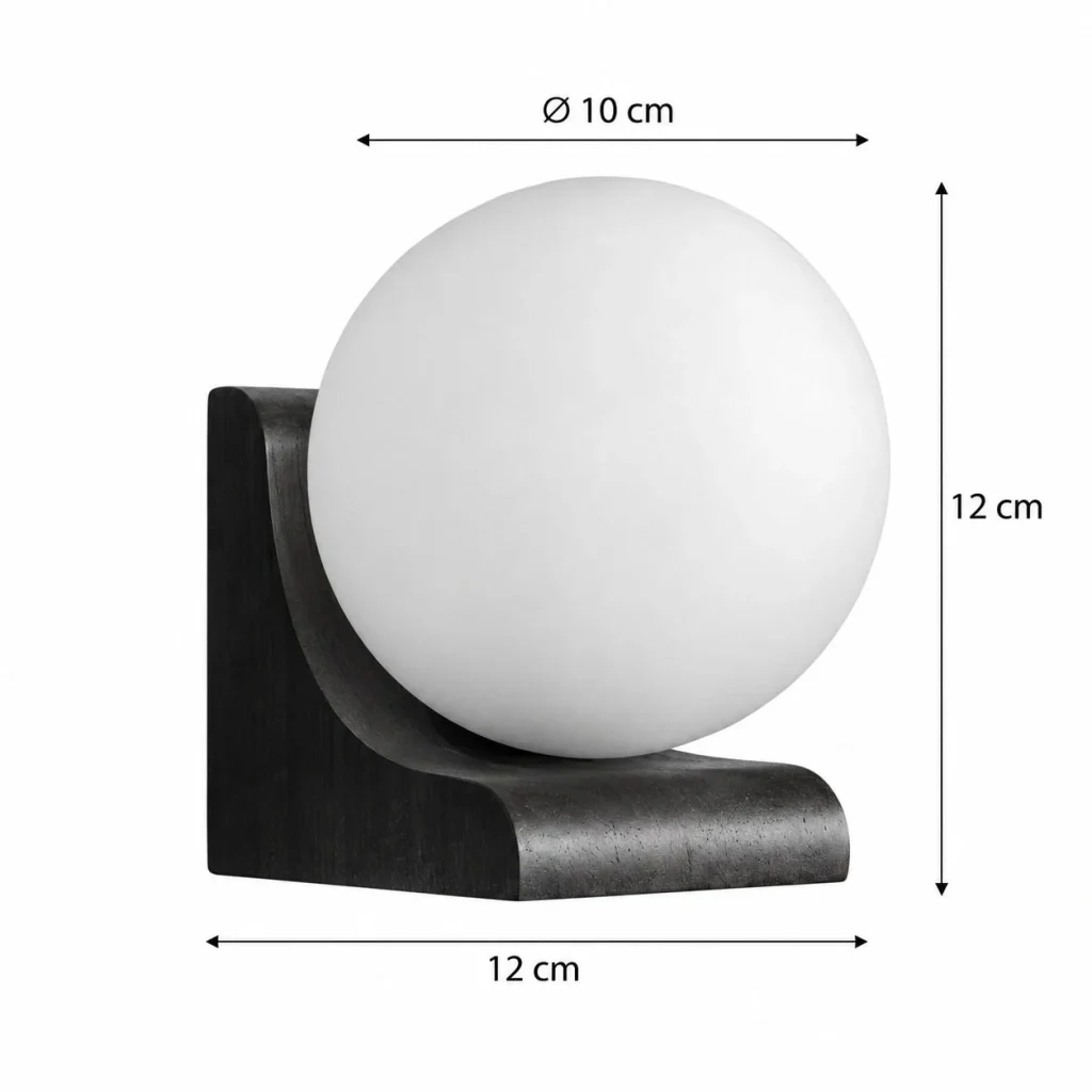 Wandlampe DOUAN, gebogenes Holz mit matter Glaskugel – Masszeichnung, Höhe 12 cm, Kugeldurchmesser 10 cm