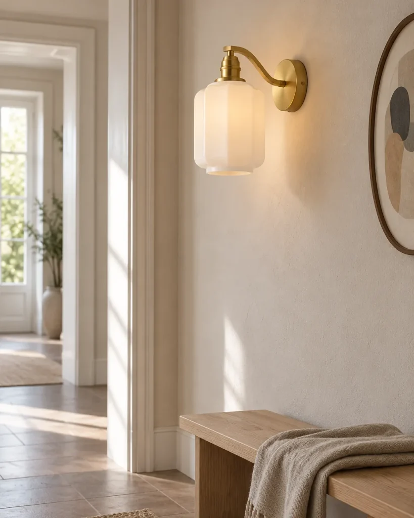 Applique LITIKA, ottone con paralume in vetro bianco – all'ingresso sopra una panca in legno, luce diurna