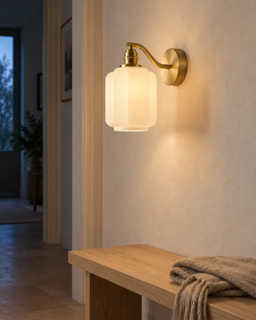 Applique LITIKA, ottone con paralume in vetro bianco – all'ingresso sopra una panca in legno, luce serale