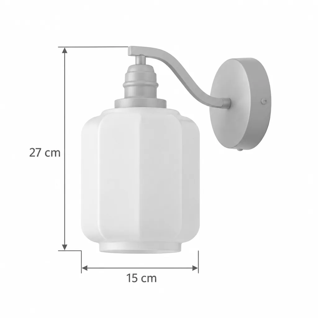 Applique LITIKA, ottone con paralume in vetro bianco – disegno tecnico con misure altezza 27 cm, paralume 15 cm
