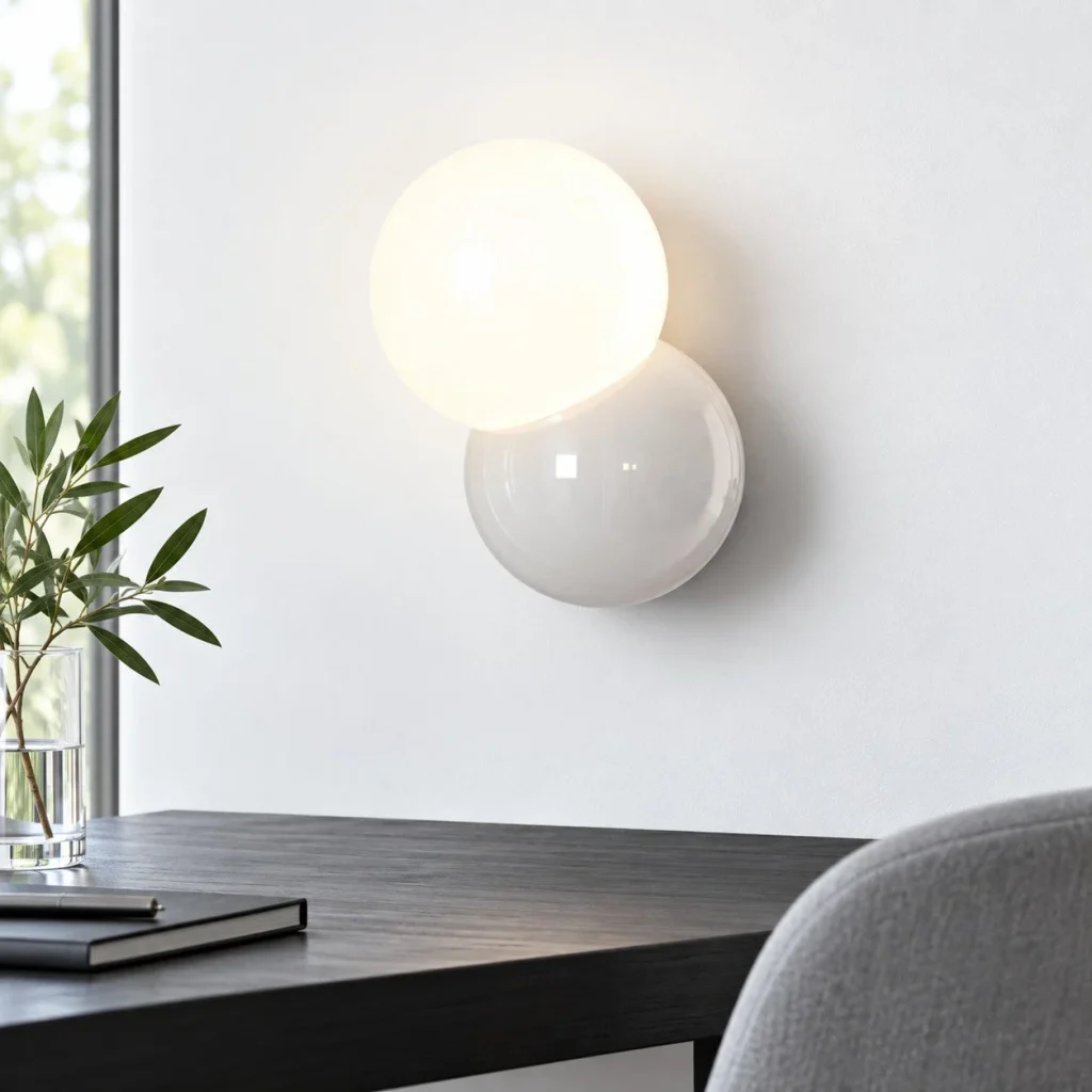 Wandlampe KURO, runde Metallform mit opalenem Acryl – Wohnambiente bei Tageslicht