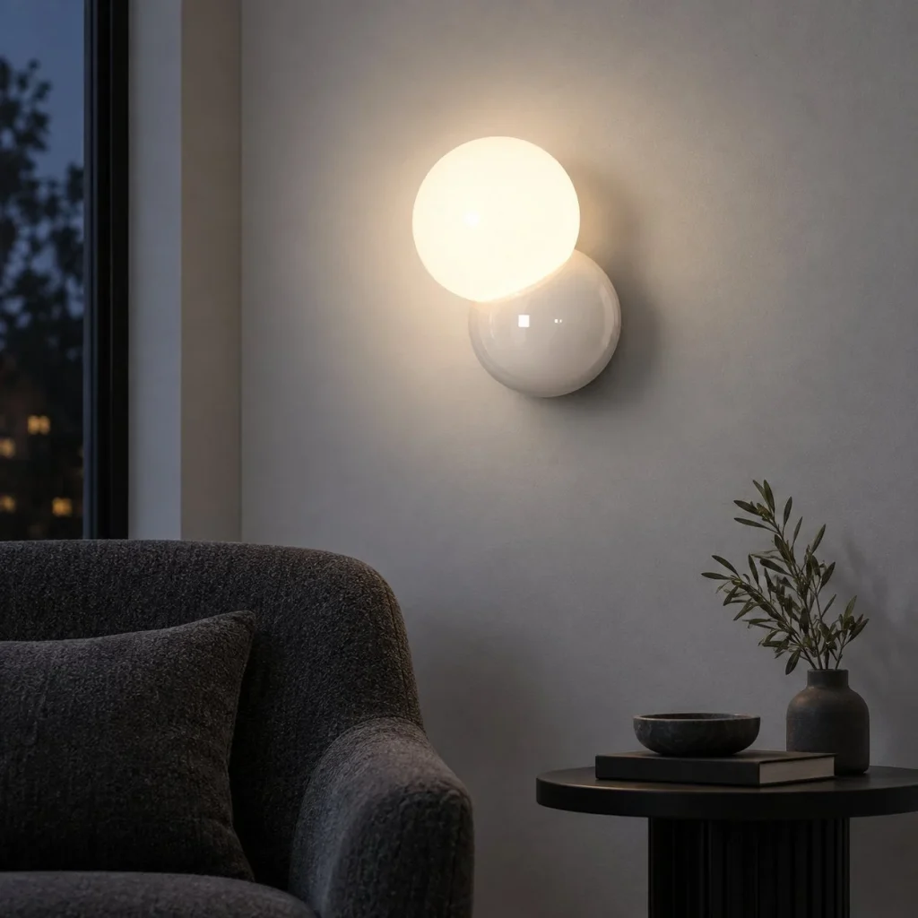 Wandlampe KURO, runde Metallform mit opalenem Acryl – Abendstimmung