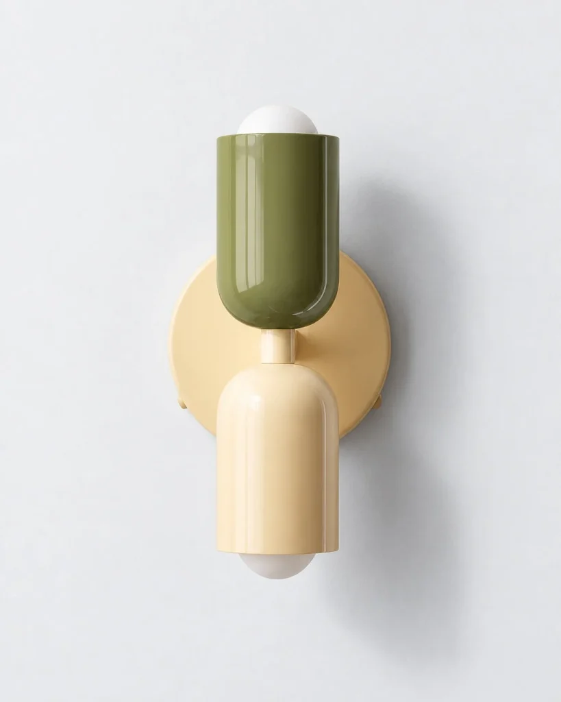 Wandlampe NORSAND, farbiger Metallzylinder mit zwei Fassungen – Beige / Grün, Produktfoto