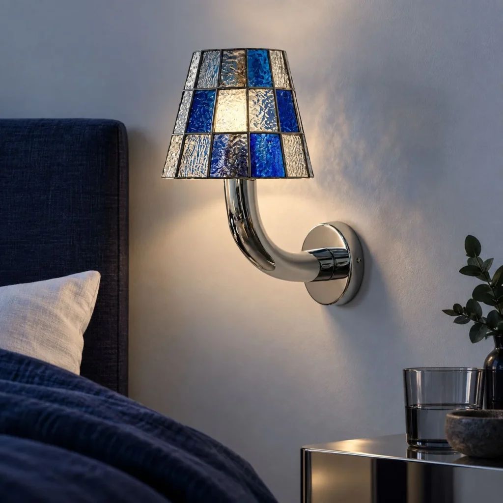 Wandlampe DORI, Mosaikglas mit verchromtem Wandarm – Blau im Abendambiente
