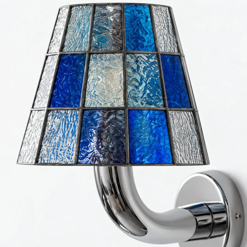 Wandlampe DORI, Mosaikglas mit verchromtem Wandarm – Detail des blauen strukturierten Glasschirms