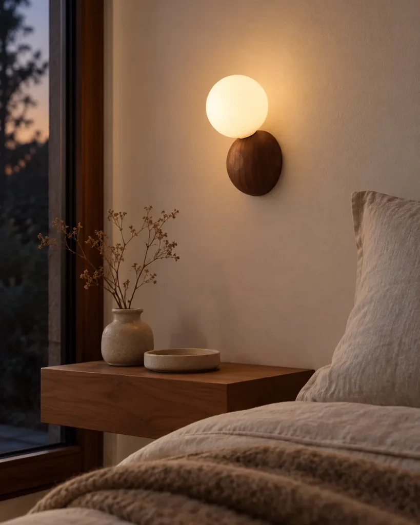 Wandlampe RANOUI, Opalglaskugel auf Nussbaumsockel – im Schlafzimmer über der Nachttischablage, Abendlicht