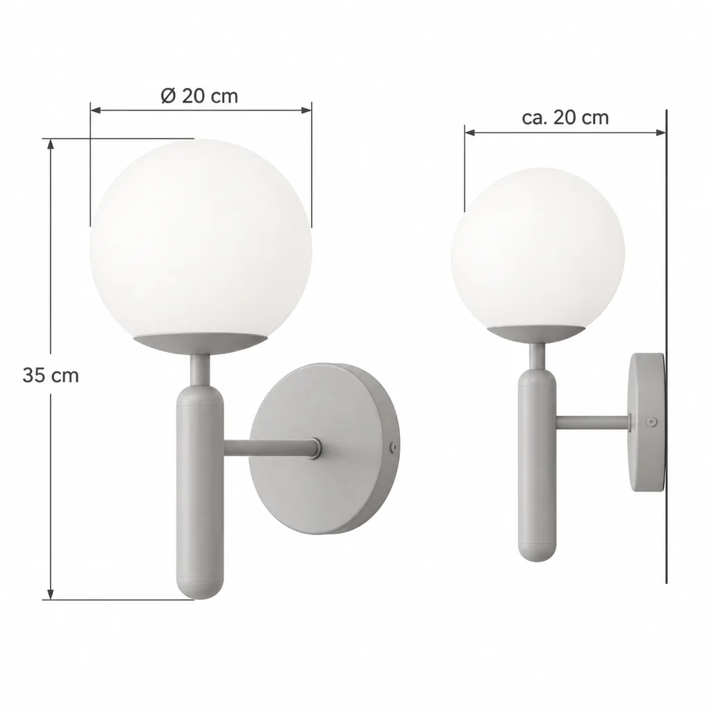 Applique OLAN, sfera in vetro opale su asta in metallo – disegno tecnico, altezza 35 cm, Ø 20 cm, sporgenza 20 cm