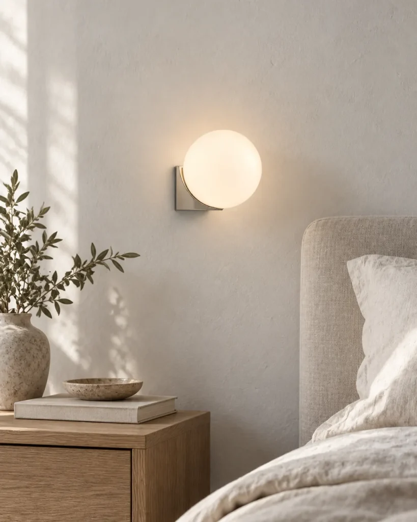 Wandlampe ELYN, Opalglaskugel auf Metallwinkel, einfach oder doppelt – im Schlafzimmer über dem Nachttisch, Tageslicht