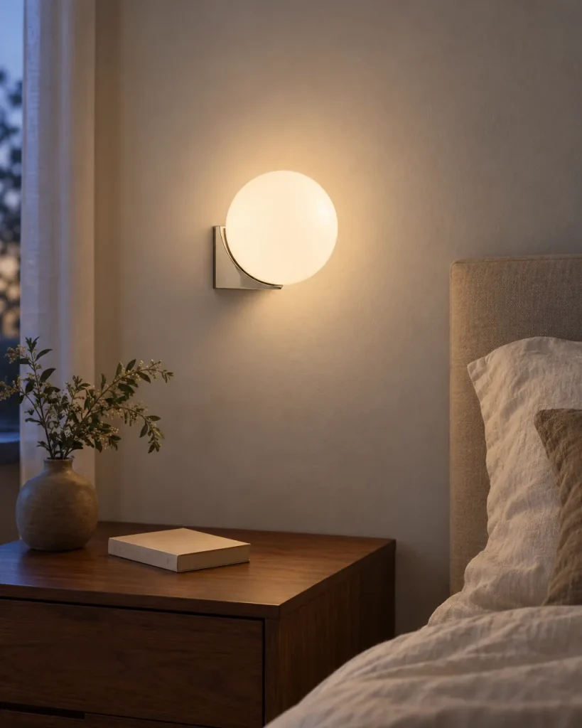 Wandlampe ELYN, Opalglaskugel auf Metallwinkel, einfach oder doppelt – im Schlafzimmer über dem Nachttisch, Abendlicht