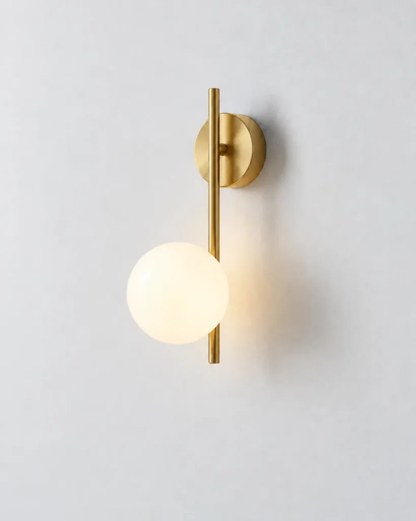 Wandlampe VARA, Wandleuchte mit Opalglaskugel und schlankem Stab – Gold, Produktfoto