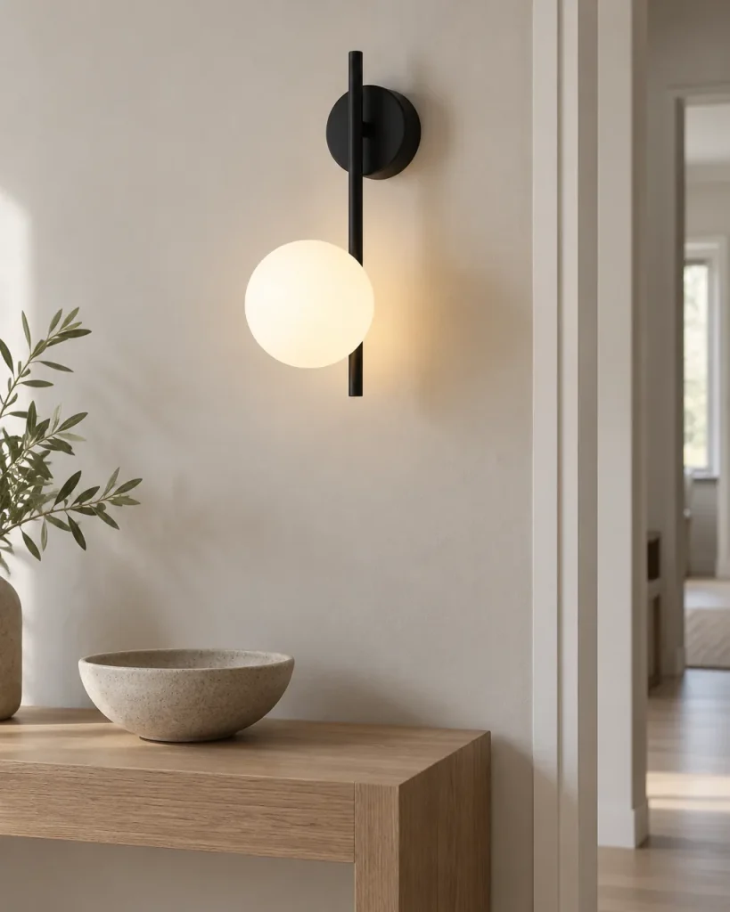Wandlampe VARA, Wandleuchte mit Opalglaskugel und schlankem Stab – im Flur über einer Holzkonsole, Tageslicht
