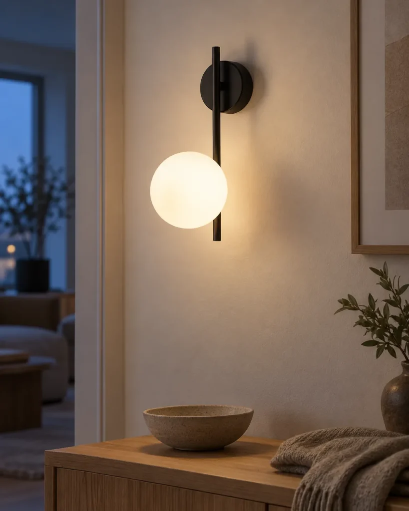 Wandlampe VARA, Wandleuchte mit Opalglaskugel und schlankem Stab – im Eingangsbereich über einer Holzkommode, Abendlicht