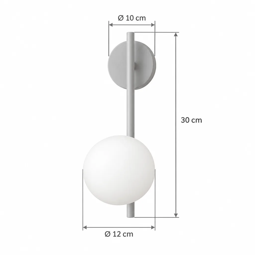Wandlampe VARA, Wandleuchte mit Opalglaskugel und schlankem Stab – Masszeichnung Höhe 30 cm, Kugel Ø 12 cm