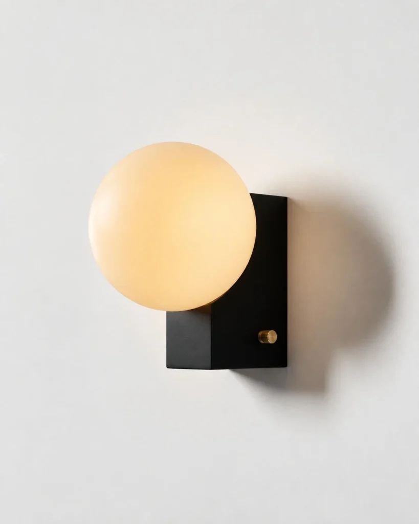 Wandlampe ENZA, rechteckiger Metallhalter mit Opalglaskugel – Schwarz, Produktfoto